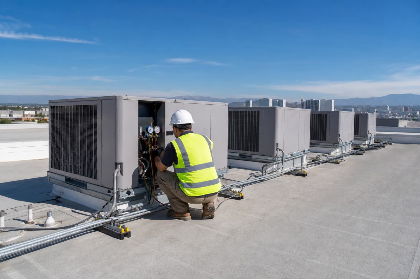Commercial rooftop air conditioning units on a business in Surrey, BC