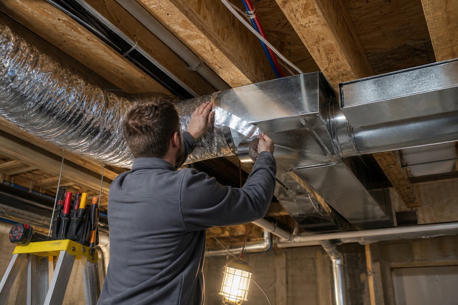 Sealed ductwork and mechanical room prepared for an air conditioning installation