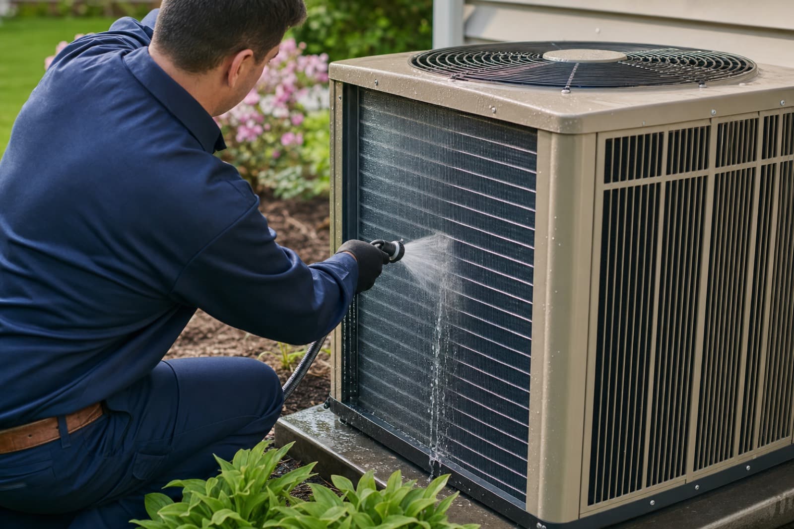 Technician cleaning and servicing an outdoor air conditioning condenser coil in Surrey