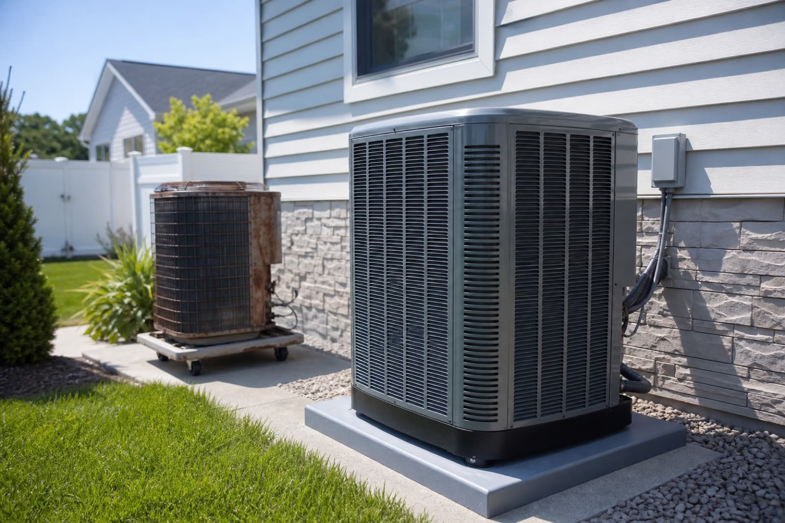 New high-efficiency air conditioning condenser replacing an aging unit at a Surrey home